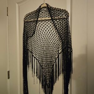 Vintage Beaded Fringe Triangular Shawl Capelet Burlesque Wrap - Black